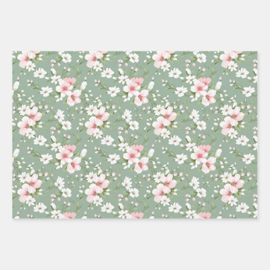 ピンクとホワイトの花のグリーンの背景 コテージコア ラッピングペーパーシート (正面3)