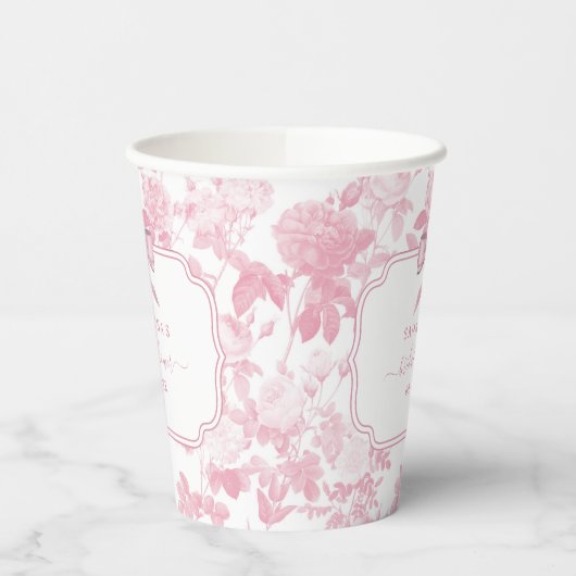 ピンクとホワイトの花の薔薇 チャイナペイント ブライダルシャワー 紙コップ (左)