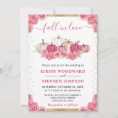 ピンクとホワイトの花の飾りが付いたパンプキンの秋の結婚式 招待状 (正面)