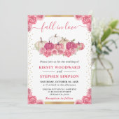 ピンクとホワイトの花の飾りが付いたパンプキンの秋の結婚式 招待状 (スタンド正面)