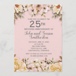 ピンクとホワイトの花の25周年結婚記念日 招待状