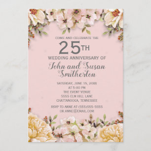 ピンクとホワイトの花の25周年結婚記念日 招待状