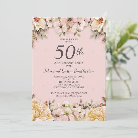 ピンクとホワイトの花の50周年結婚記念パーティー 招待状 (スタンド正面)