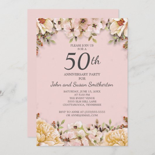 ピンクとホワイトの花の50周年結婚記念パーティー 招待状 (正面/裏面)