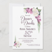 ピンクとホワイトの花の50歳の誕生日ディナーとドリンク 招待状 (正面)