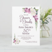 ピンクとホワイトの花の50歳の誕生日ディナーとドリンク 招待状 (スタンド正面)