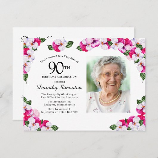 ピンクとホワイトの花の90歳の誕生日 インビテーションポストカード (正面/裏面)