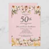 ピンクとホワイトの花モチーフ 50周年結婚記念パーティー 招待状 (正面/裏面)