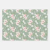 ピンクとホワイトの花柄グリーンの背景 コテージコア ラッピングペーパーシート (正面3)