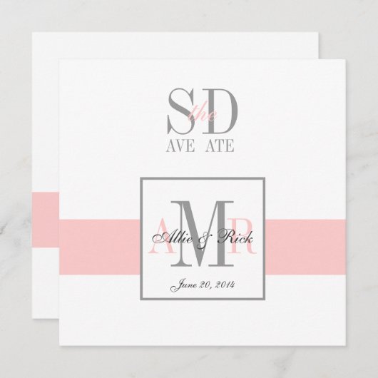 ピンクとホワイトのSave the Date ウェディングアナウンスメント セーブザデート (正面/裏面)