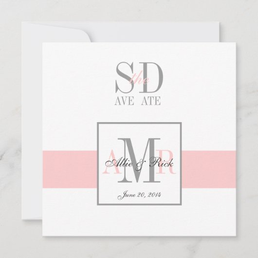 ピンクとホワイトのSave the Date ウェディングアナウンスメント セーブザデート (正面)