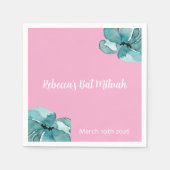 ピンクとホワイトウォーター色のフローラバルミツワー スタンダードカクテルナプキン (正面)