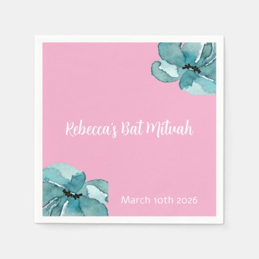 ピンクとホワイトウォーター色のフローラバルミツワー スタンダードカクテルナプキン (正面)