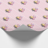 ピンクとホワイトストライプフローラシャビーシックなギフトラップ ラッピングペーパー (角)