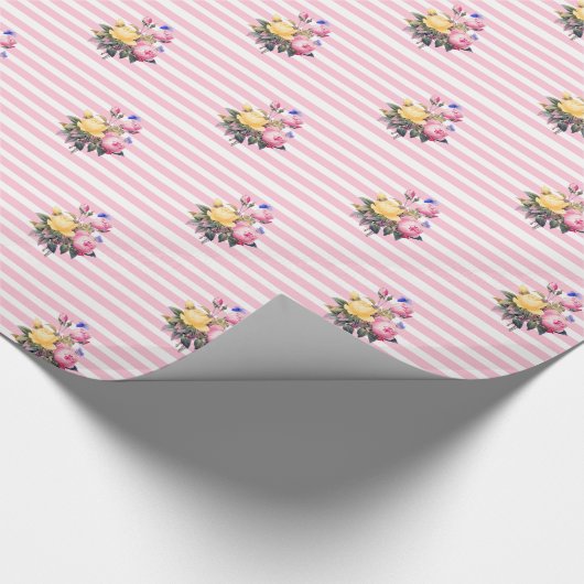 ピンクとホワイトストライプフローラシャビーシックなギフトラップ ラッピングペーパー (角)