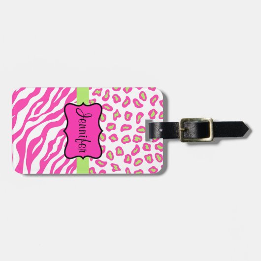 ピンクとホワイトゼブラ&チェータスキンパーソナライズされた ラゲッジタグ (正面横)