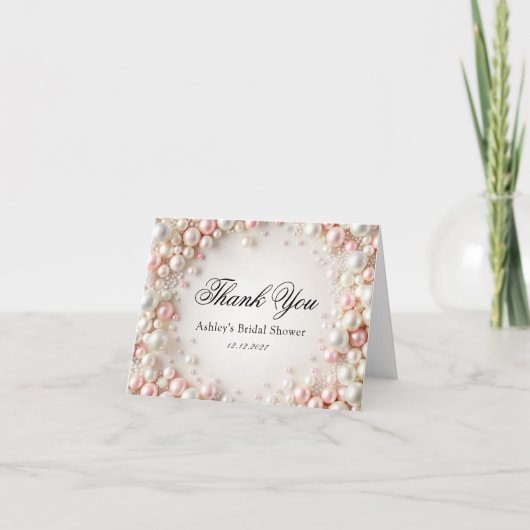 ピンクとホワイトパールのブライダルシャワー感謝カード サンキューカード (正面)