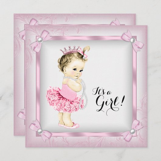 ピンクとホワイトパールプリンセストゥチュベビーシャワー 招待状 (正面/裏面)