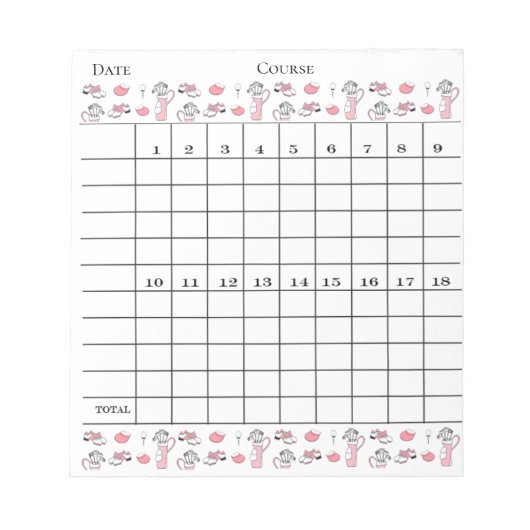 ピンクとホワイトレディーゴルファーのスコアカードパッド ノートパッド (正面)