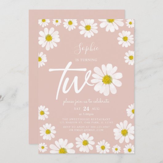 ピンクとホワイトレトロデイジー2nd誕生日 招待状 (正面/裏面)