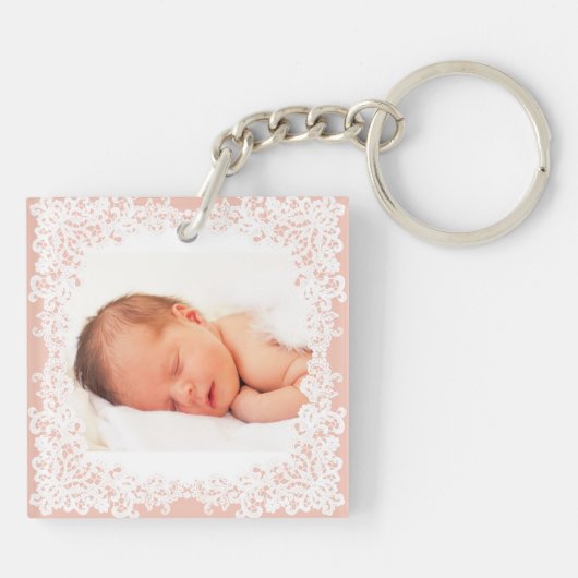 ピンクとホワイトレースのカスタムフォトキーチェーン キーホルダー (裏面)