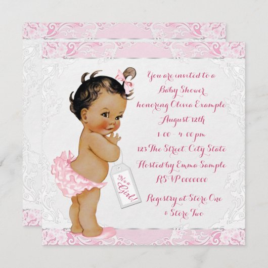 ピンクとホワイトレース民族少女の赤ちゃんシャワー 招待状 (正面/裏面)