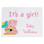 ピンクとホワイト女の子フラミンゴ ラージペーパーバッグ (正面)