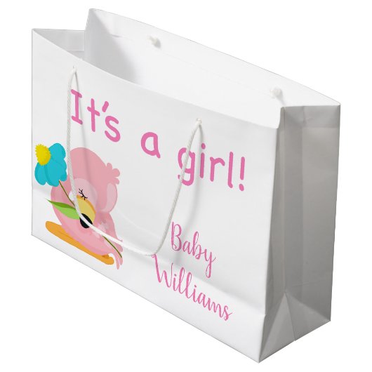 ピンクとホワイト女の子フラミンゴ ラージペーパーバッグ (正面アングル)