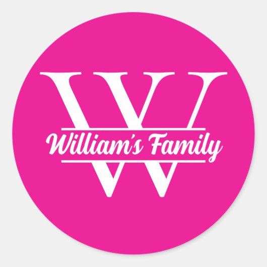 ピンクとホワイト | シンプルなファミリー ネーム モノグラム ラウンドシール (正面)