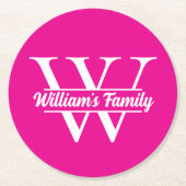 ピンクとホワイト | シンプルなファミリー ネーム モノグラム ラウンドペーパーコースター (正面)