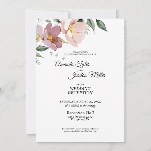 ピンクとマウベのヴィンテージ フラワー ウェディング レセプション 招待状 (正面)