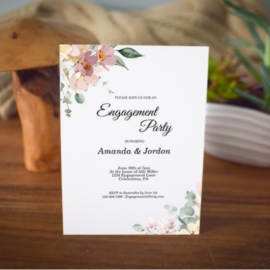 ピンクとマウヴのヴィンテージフローラ婚約パーティ 招待状