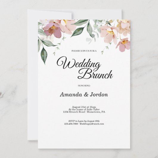 ピンクとマウヴのヴィンテージフローラ結婚ズブランチ 招待状 (正面)