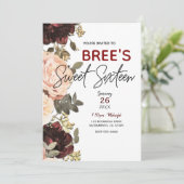 ピンクとマルーンのフローラ葉緑のスイーツ16 招待状 (スタンド正面)