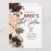 ピンクとマルーンのフローラ葉緑のスイーツ16 招待状 (正面/裏面)