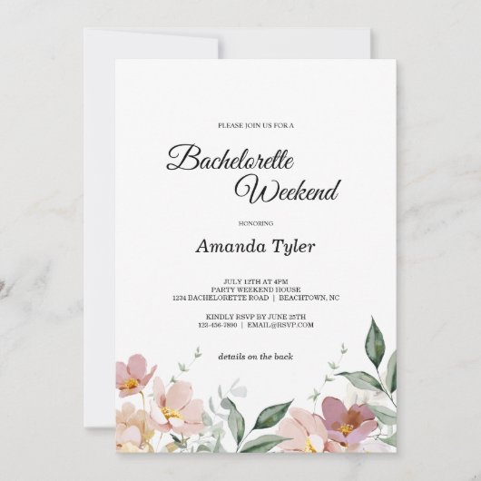 ピンクとマーブのヴィンテージフローラバチェロレッテ週末 招待状 (正面)