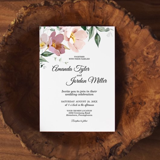 ピンクとマーブのヴィンテージ結婚フローラ 招待状