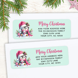 ピンクとミントかわいいペンギンカスタムのメリークリスマス ラベル