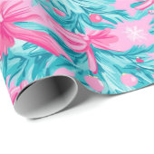 ピンクとミントのクリスマスの枝とオーナメント ラッピングペーパー (ロールコーナー)