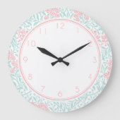 ピンクとミントのフローラダマスクパターン ラージ壁時計 (正面)