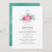 ピンクとミントのフローラバプテスマまたは《キリスト教》洗礼式や命名式 招待状 (正面/裏面)