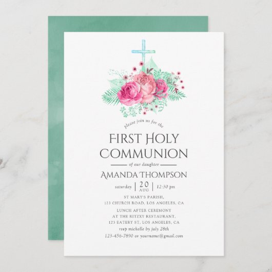 ピンクとミントのフローラ最初の聖餐式 招待状 (正面/裏面)