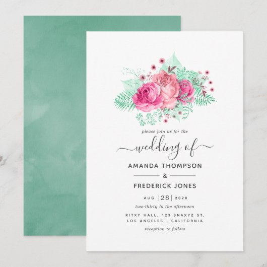 ピンクとミントのフローラ結婚ズ 招待状 (正面/裏面)
