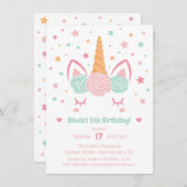 ピンクとミントのユニコーンホルン女の子の誕生日パーティー 招待状 (正面/裏面)