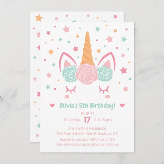 ピンクとミントのユニコーンホルン女の子の誕生日パーティー 招待状 (正面/裏面)