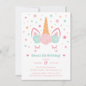 ピンクとミントのユニコーンホルン女の子の誕生日パーティー 招待状 (正面)