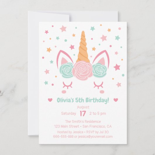 ピンクとミントのユニコーンホルン女の子の誕生日パーティー 招待状 (正面)