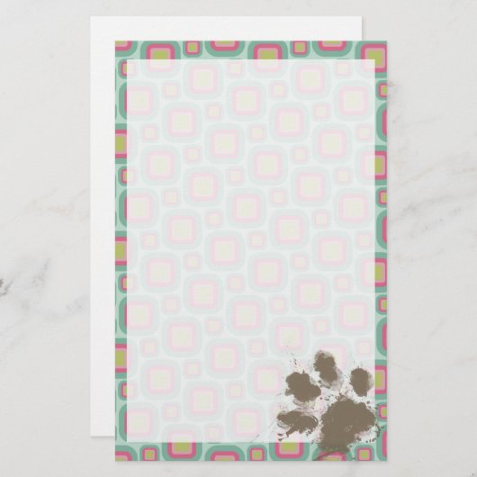 ピンクとミントのレトロおもしろい; Pawprint 便箋 (正面/裏面)