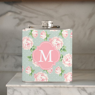 ピンクとミントのヴィンテージバラパターモノグラムのン フラスク