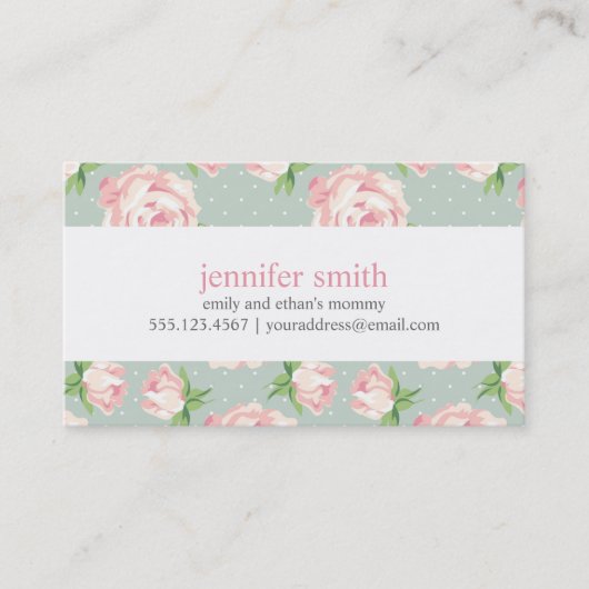 ピンクとミントのヴィンテージバラパターン コーリングカード (正面)